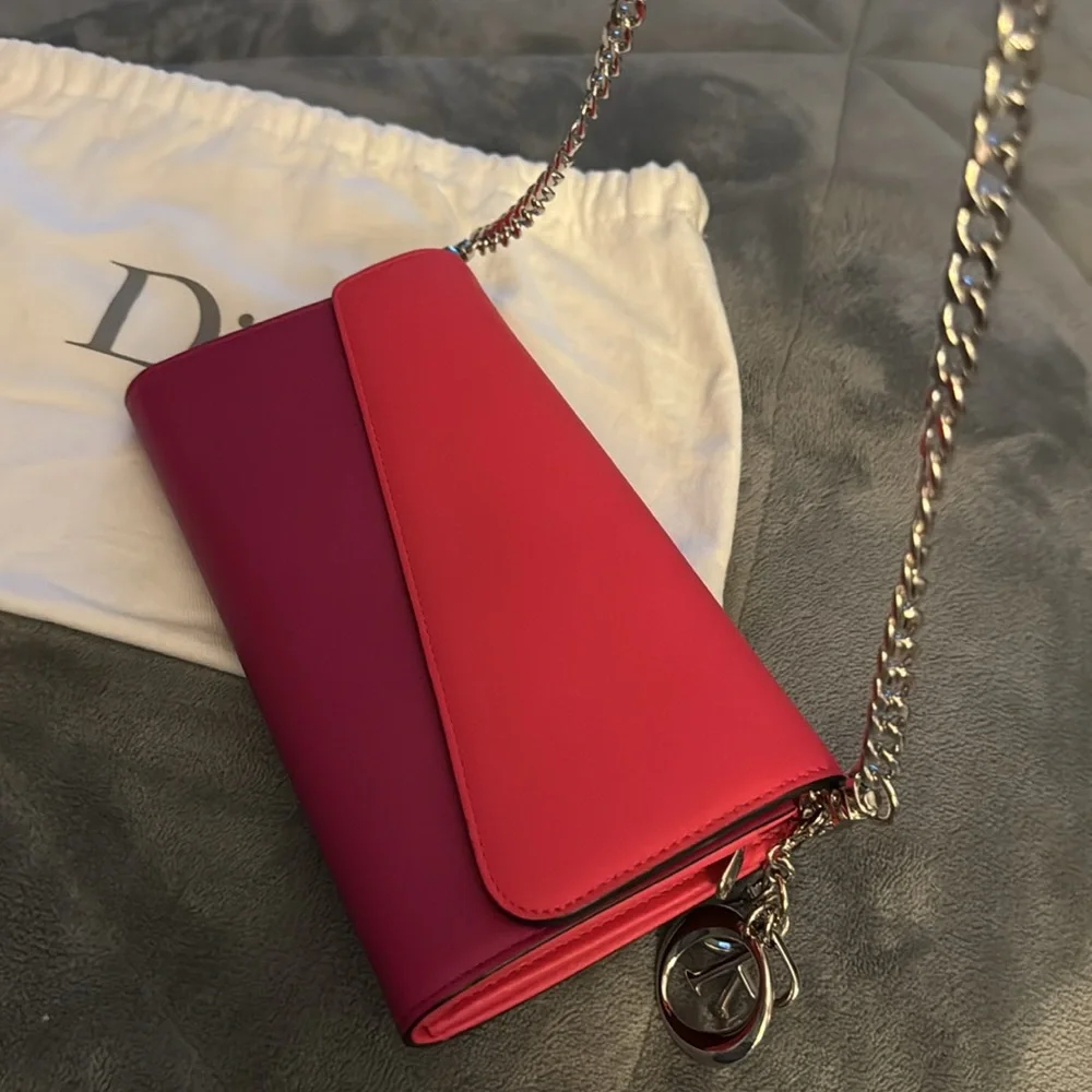 Christian Dior wallet on a chain pink n orange leather excellent condition.